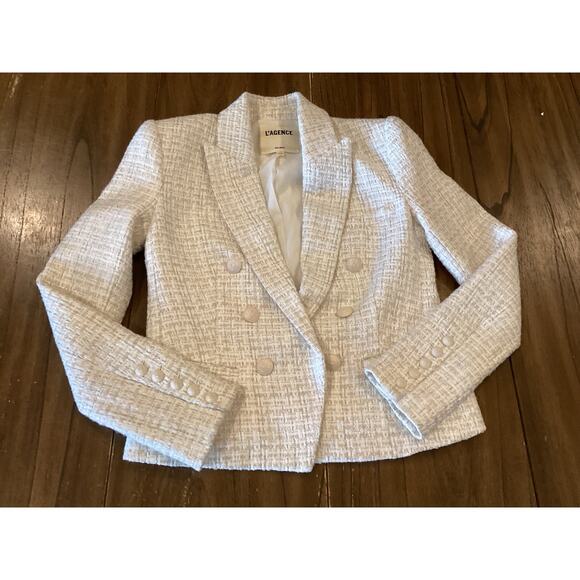 L'AGENCE Brooke Double Brested Crop boucle Blazer in ivory ecru tweed style 0 - Picture 2 of 13